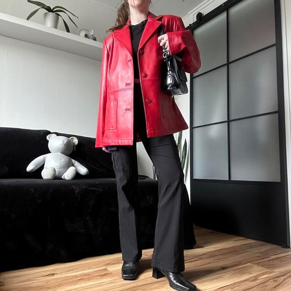 NWT Vintage 90s Sequence Button-Up Red Leather Blazer - Picture 2 of 7